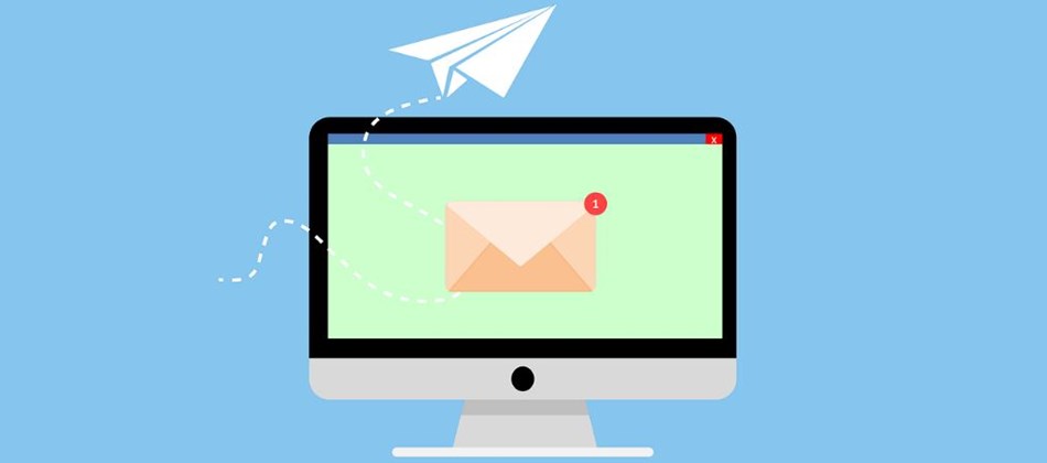 Grafik på computerskærm med brev og papirflyver og digital post
